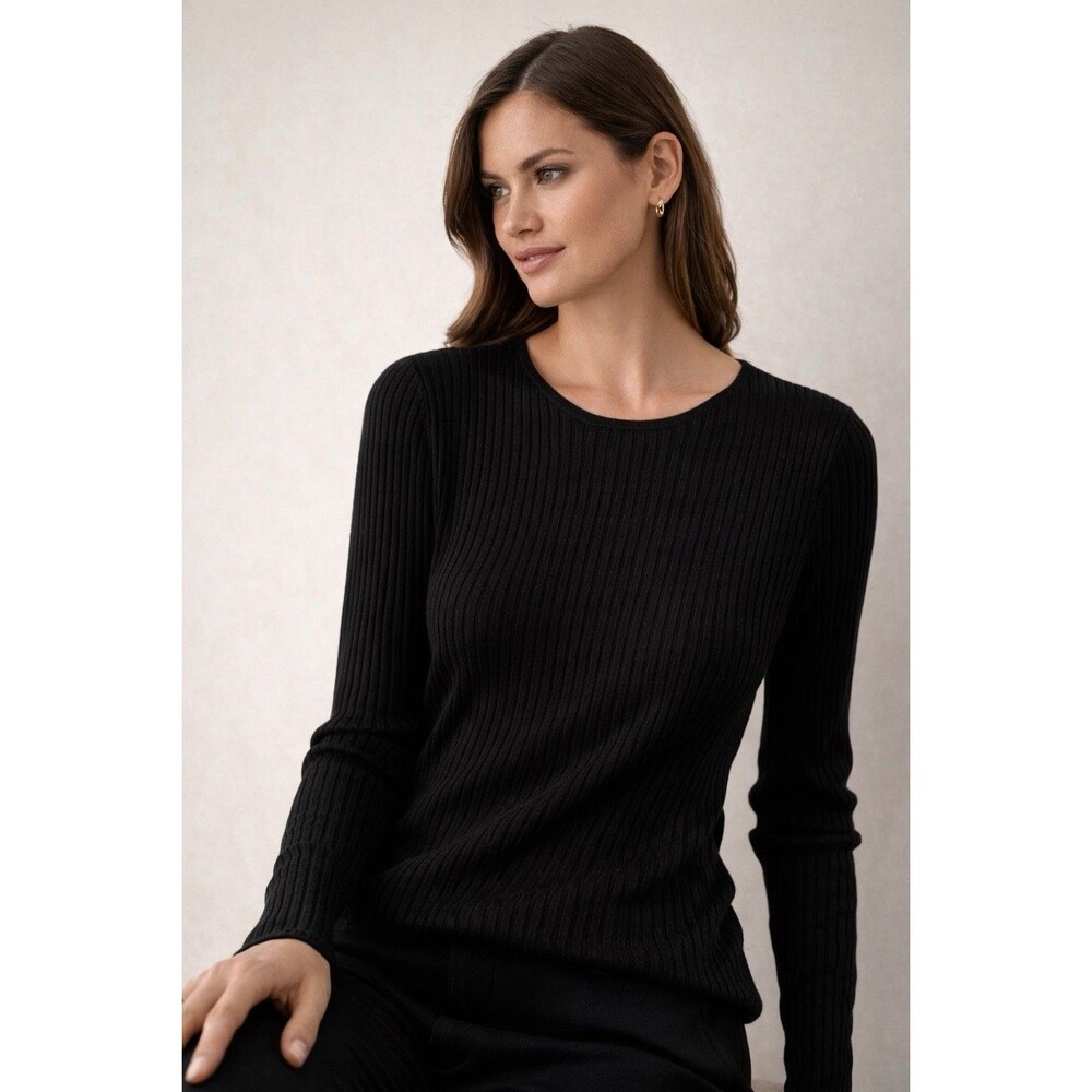 100% Silk Black Ribbed Sweater Lightweight Fitted Long Sleeve Minimalist